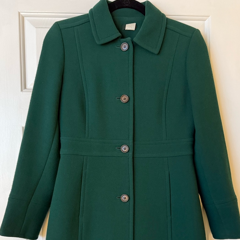 STUNNING women’s green J.Crew New Lady Day Coat in Wool Blend - size petite 4